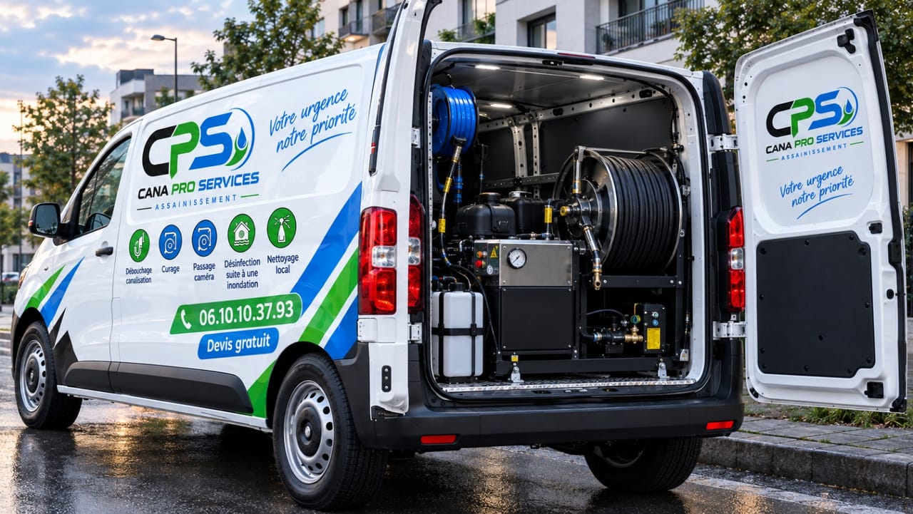 Équipement de curage et enrouleur haute pression embarqués dans le fourgon Cana Pro Services